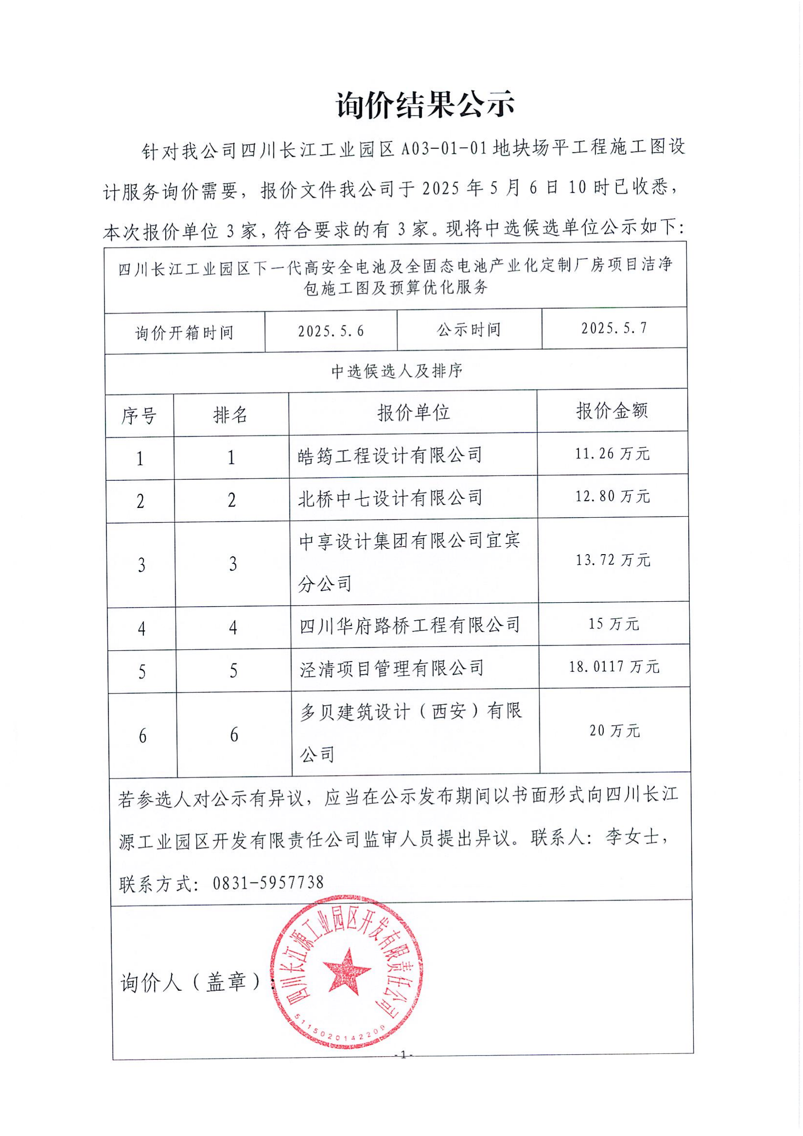 詢價結(jié)果公示